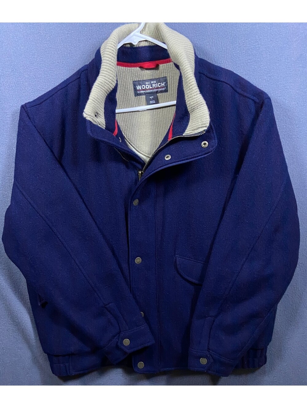 Vintage WOOLRICH Wool Navy Blue Bomber Sports Outdoor Jacket Coat Mens Large VTG